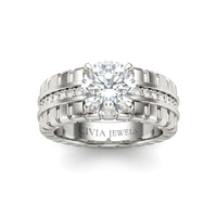 White Gold Round Diamond Engagement Ring With Ribbed Multirow Band