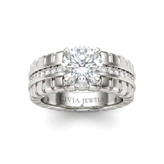 White Gold Round Diamond Engagement Ring With Ribbed Multirow Band