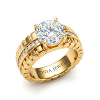 Yellow Gold Round Diamond Engagement Ring With Ribbed Multirow Band