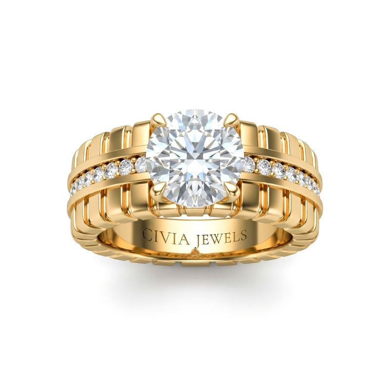 Yellow Gold Round Diamond Engagement Ring With Ribbed Multirow Band