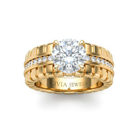 Yellow Gold Round Diamond Engagement Ring With Ribbed Multirow Band