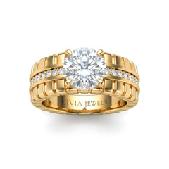 Yellow Gold Round Diamond Engagement Ring With Ribbed Multirow Band