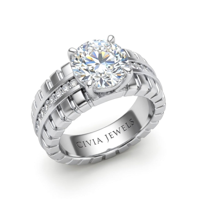 Silver Round Diamond Engagement Ring With Ribbed Multirow Band