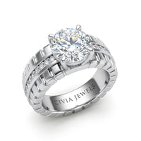 White Gold Round Diamond Engagement Ring With Ribbed Multirow Band
