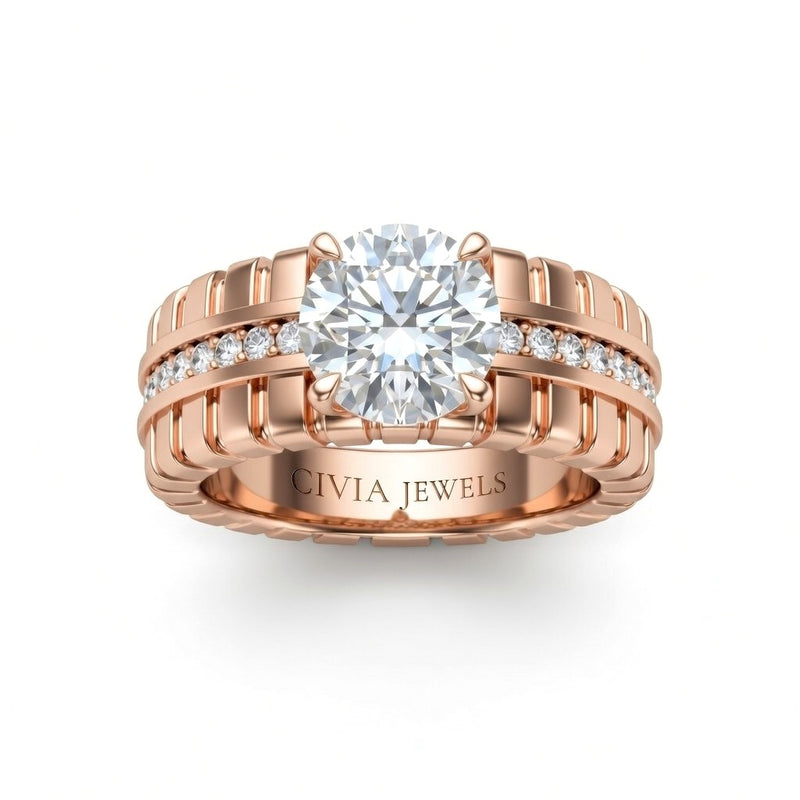 Rose Gold Round Diamond Engagement Ring With Ribbed Multirow Band