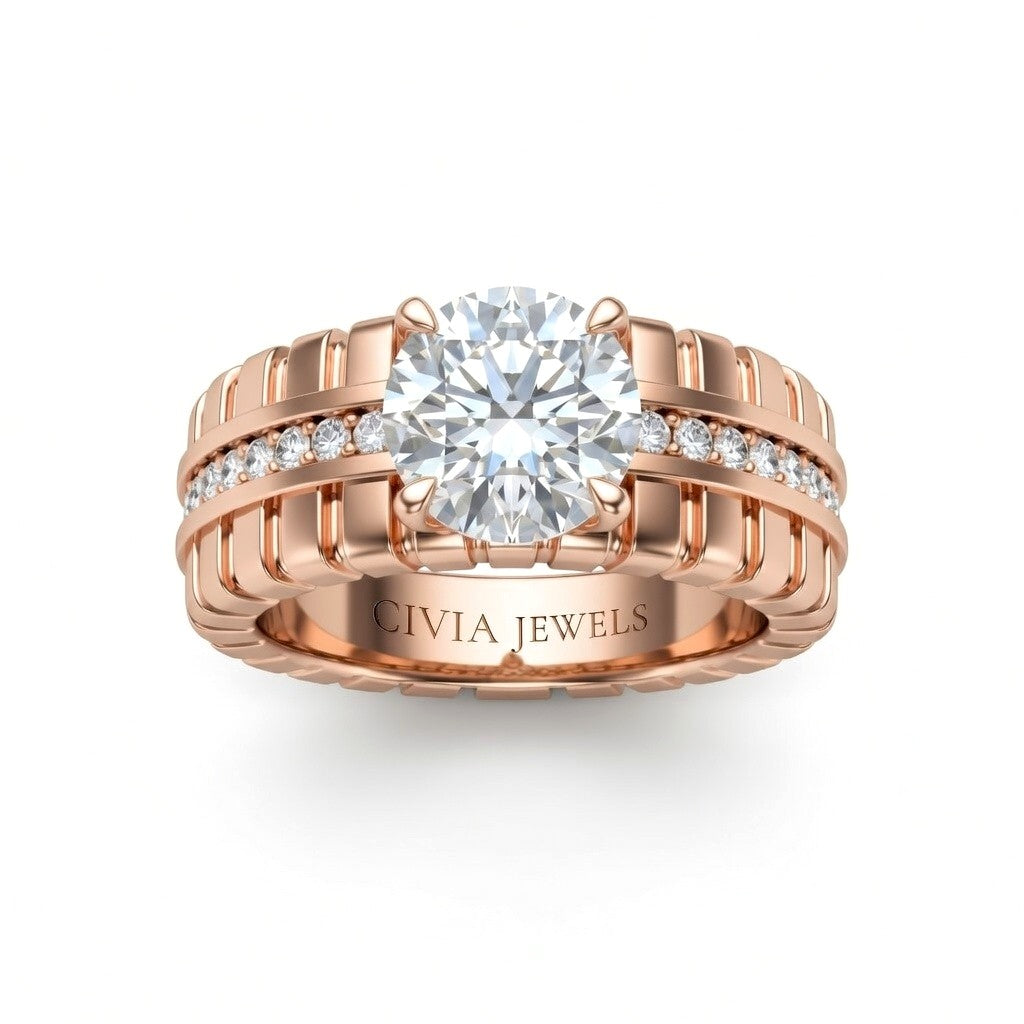 Rose Gold Round Diamond Engagement Ring With Ribbed Multirow Band
