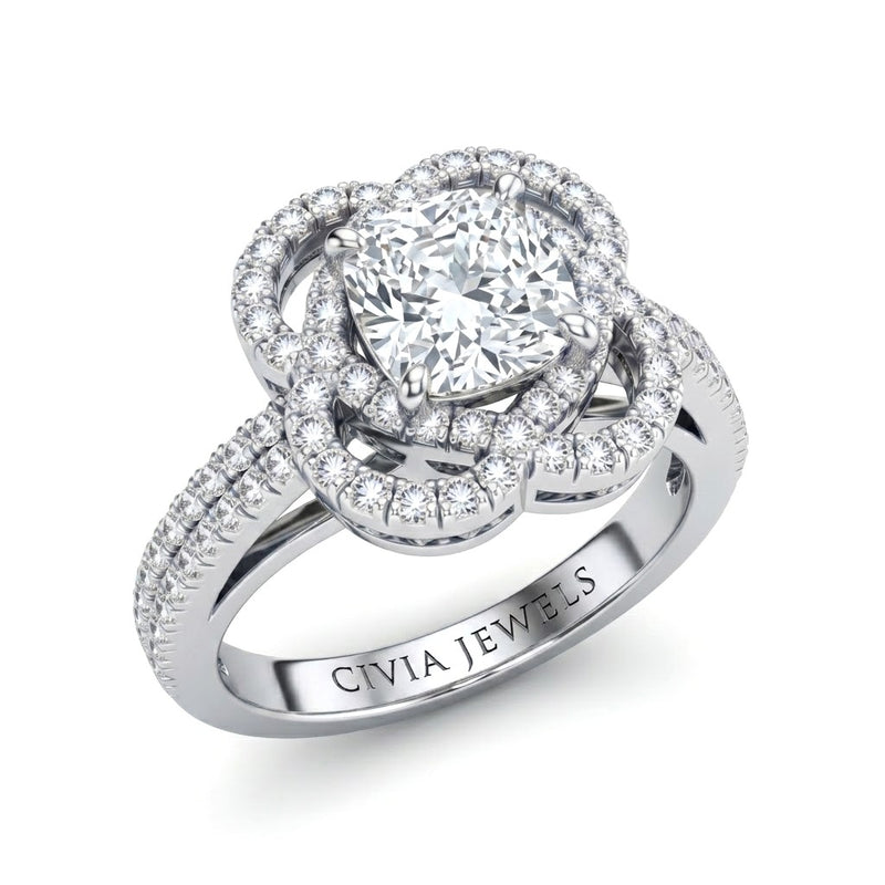 Silver Cushion Diamond Halo Engagement Ring With Pavé Band