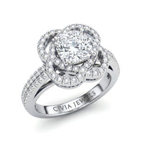 Silver Cushion Diamond Halo Engagement Ring With Pavé Band