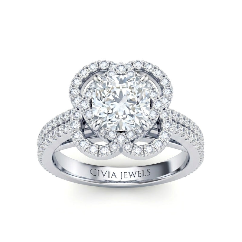White Gold Cushion Diamond Halo Engagement Ring With Pavé Band