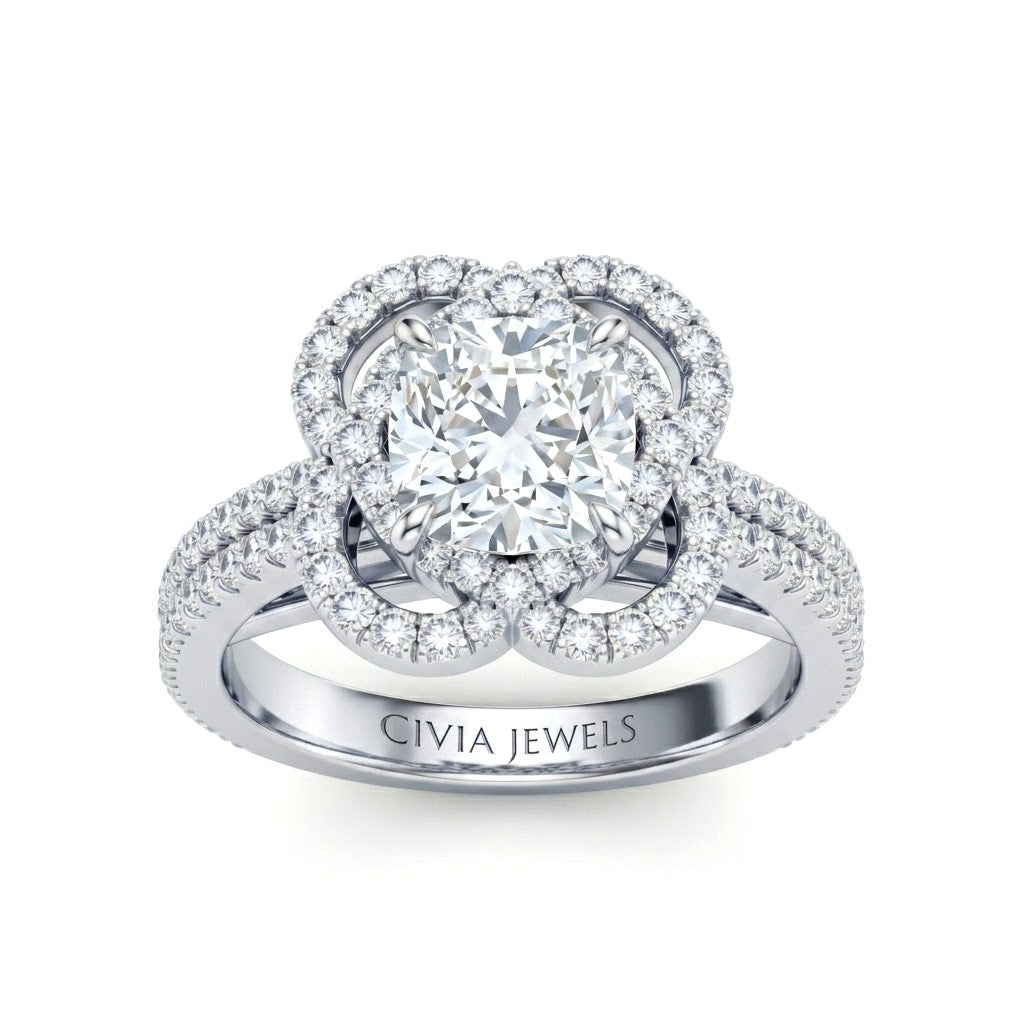 White Gold Cushion Diamond Halo Engagement Ring With Pavé Band