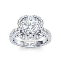 Silver Cushion Diamond Halo Engagement Ring With Pavé Band