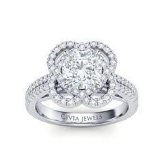 Silver Cushion Diamond Halo Engagement Ring With Pavé Band