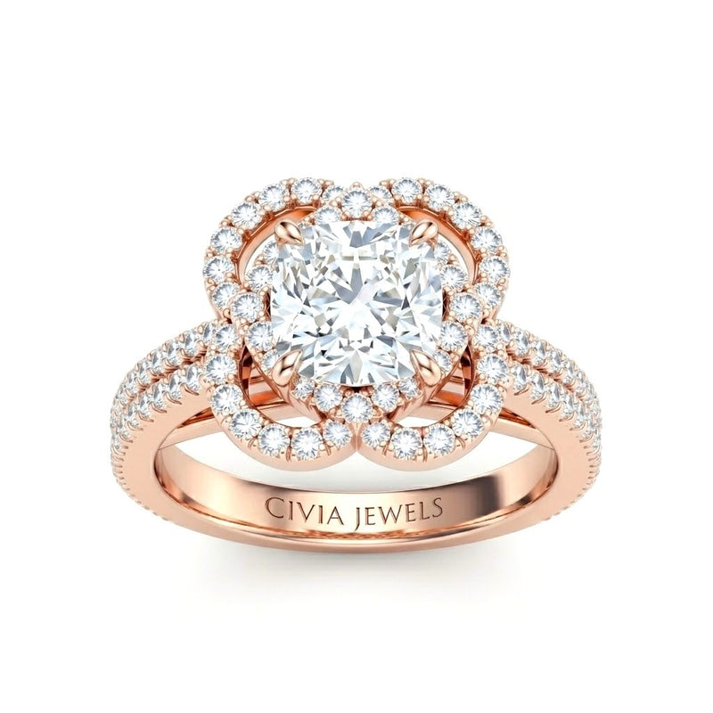 Rose Gold Cushion Diamond Halo Engagement Ring With Pavé Band