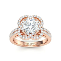 Rose Gold Cushion Diamond Halo Engagement Ring With Pavé Band