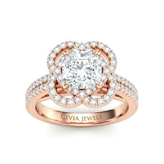 Rose Gold Cushion Diamond Halo Engagement Ring With Pavé Band