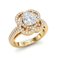 Yellow Gold Cushion Diamond Halo Engagement Ring With Pavé Band