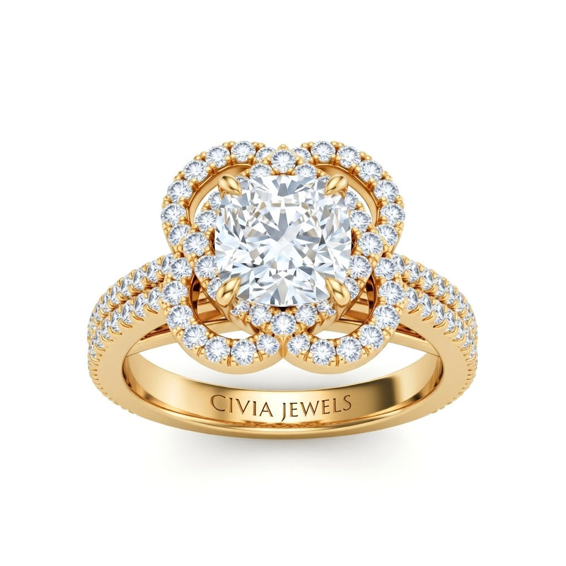 Yellow Gold Cushion Diamond Halo Engagement Ring With Pavé Band