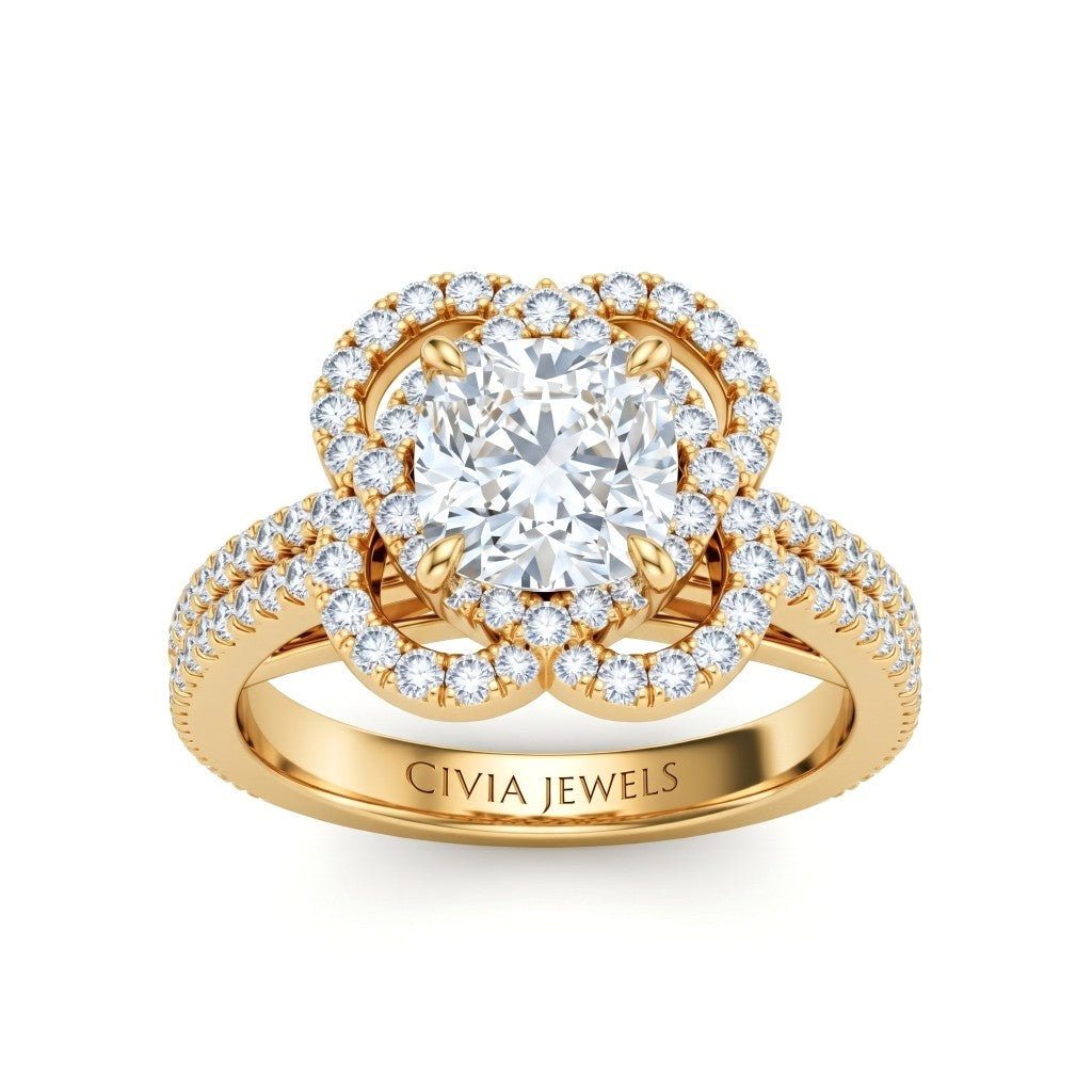 Yellow Gold Cushion Diamond Halo Engagement Ring With Pavé Band