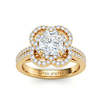 Yellow Gold Cushion Diamond Halo Engagement Ring With Pavé Band