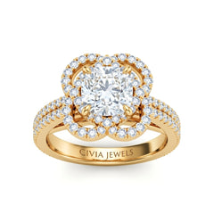 Yellow Gold Cushion Diamond Halo Engagement Ring With Pavé Band