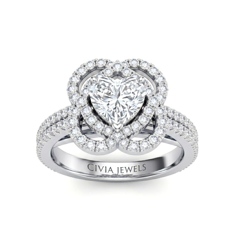 White Gold Heart Diamond Halo Engagement Ring With Pavé Band
