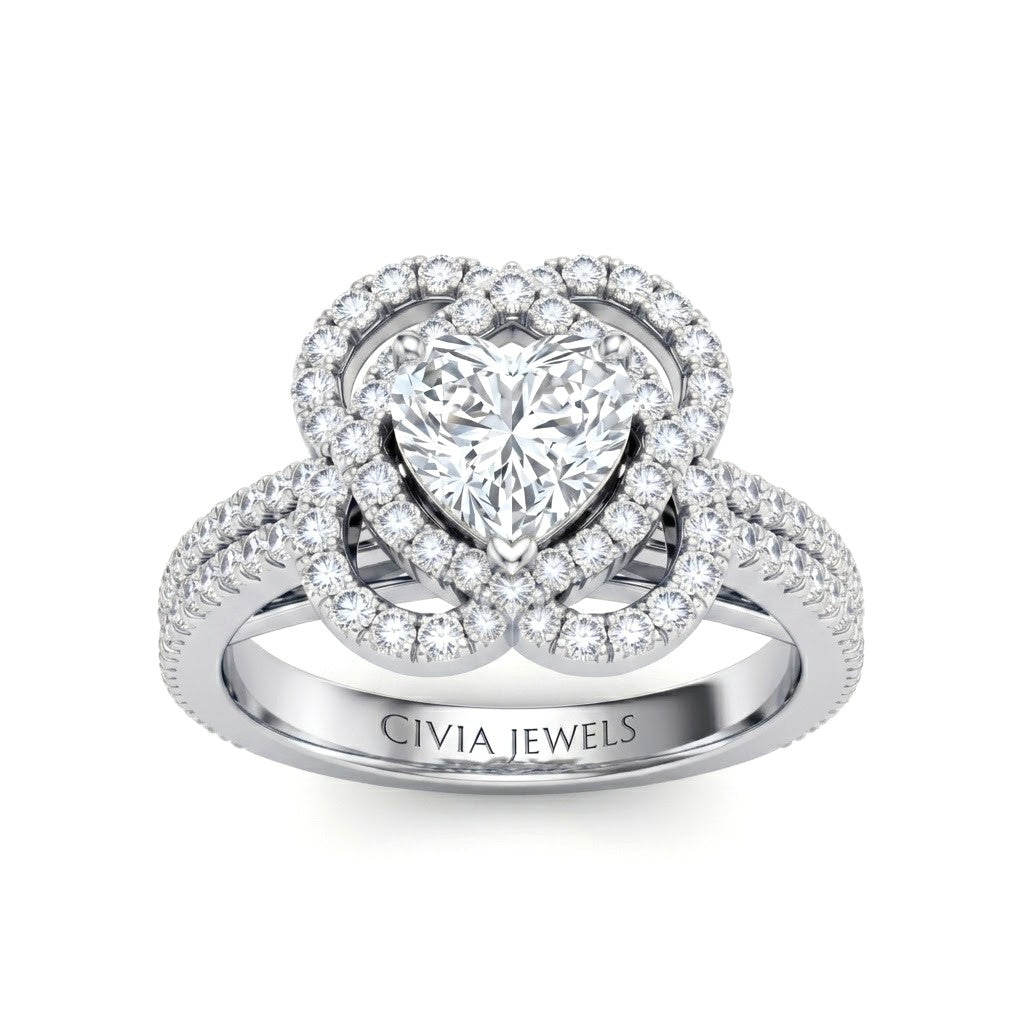 Silver Heart Diamond Halo Engagement Ring With Pavé Band