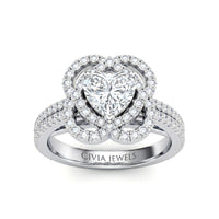 Silver Heart Diamond Halo Engagement Ring With Pavé Band