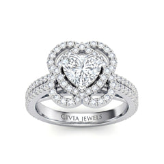Silver Heart Diamond Halo Engagement Ring With Pavé Band