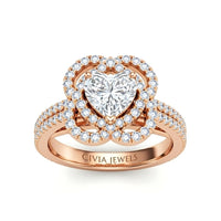 Rose Gold Heart Diamond Halo Engagement Ring With Pavé Band