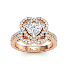 Rose Gold Heart Diamond Halo Engagement Ring With Pavé Band