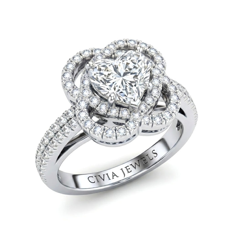Silver Heart Diamond Halo Engagement Ring With Pavé Band