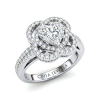Silver Heart Diamond Halo Engagement Ring With Pavé Band