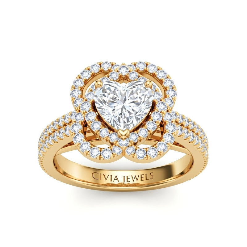 Yellow Gold Heart Diamond Halo Engagement Ring With Pavé Band