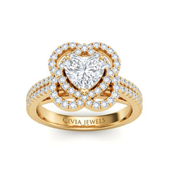 Yellow Gold Heart Diamond Halo Engagement Ring With Pavé Band