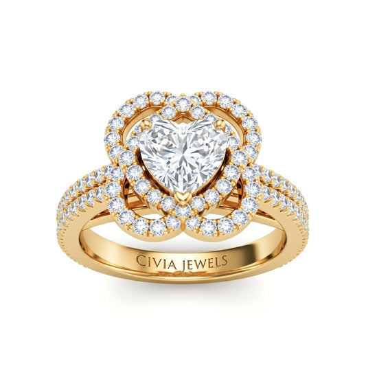 Yellow Gold Heart Diamond Halo Engagement Ring With Pavé Band