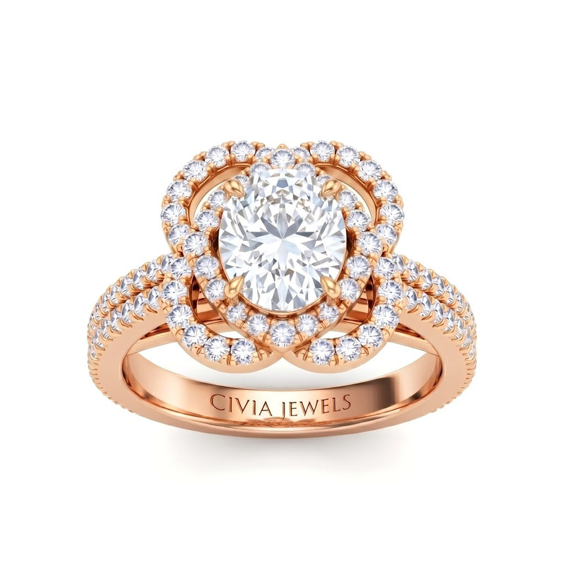 Rose Gold Oval Diamond Halo Engagement Ring With Pavé Band