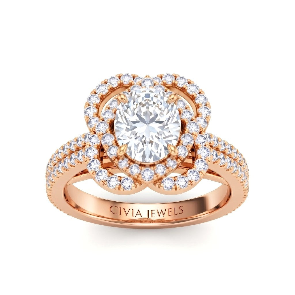 Rose Gold Oval Diamond Halo Engagement Ring With Pavé Band