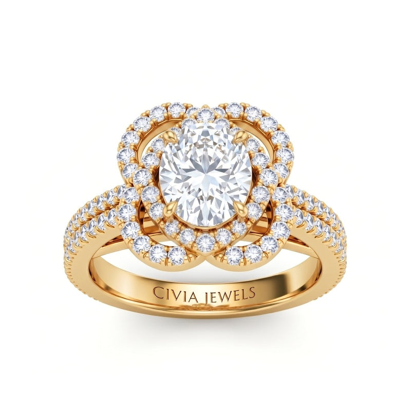 Yellow Gold Oval Diamond Halo Engagement Ring With Pavé Band