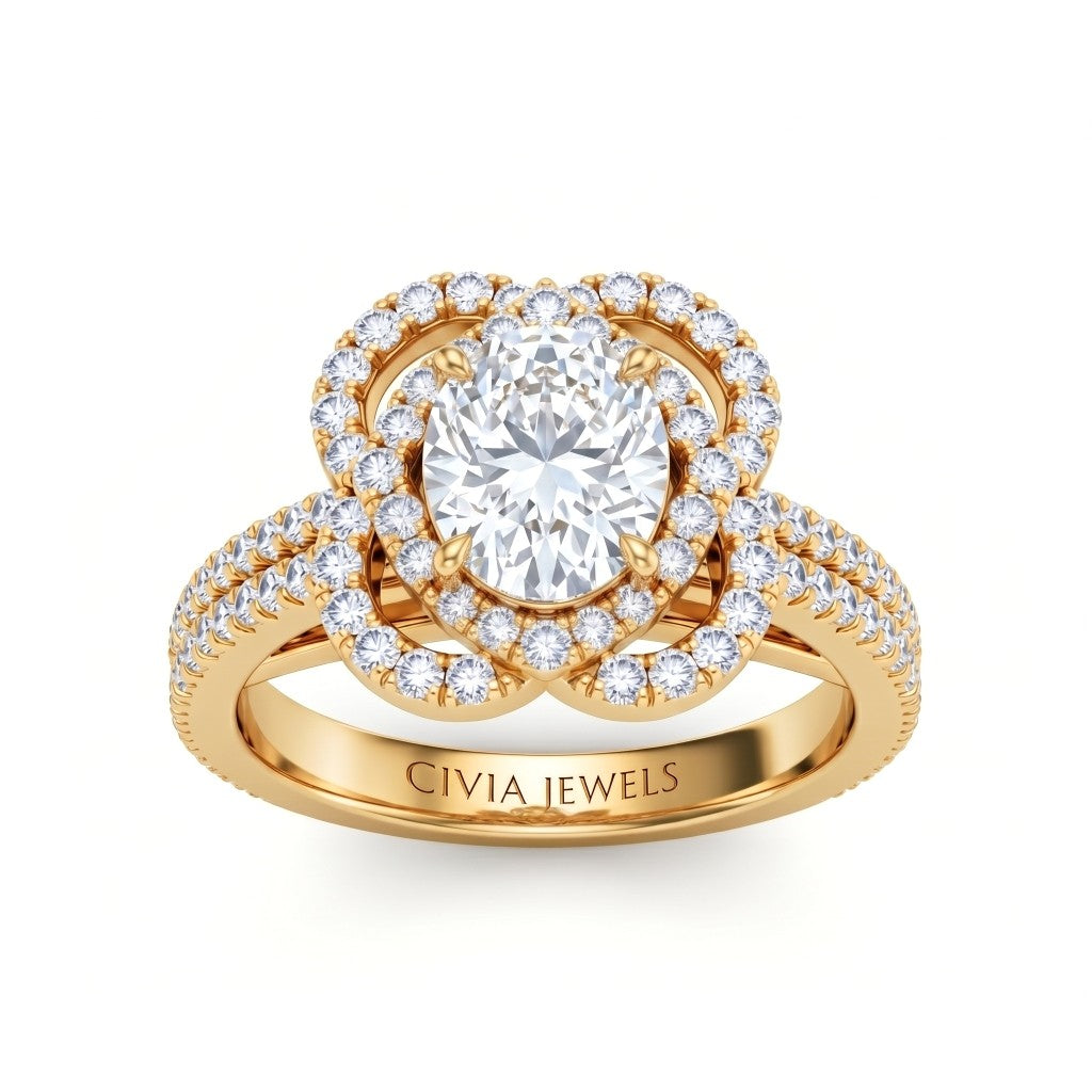 Yellow Gold Oval Diamond Halo Engagement Ring With Pavé Band