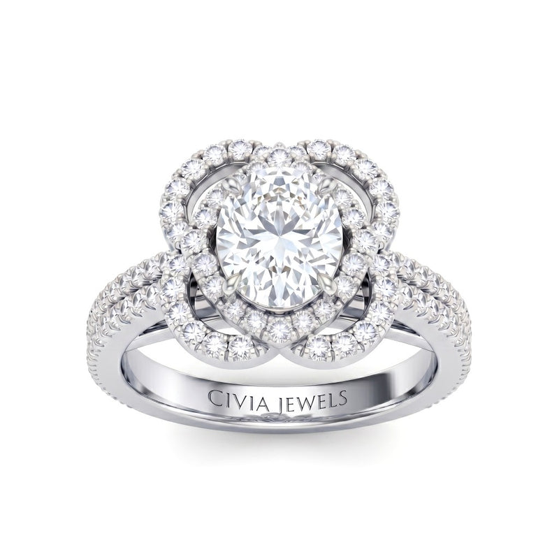 White Gold Oval Diamond Halo Engagement Ring With Pavé Band