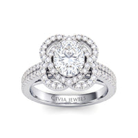 Silver Oval Diamond Halo Engagement Ring With Pavé Band