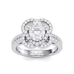 Silver Oval Diamond Halo Engagement Ring With Pavé Band