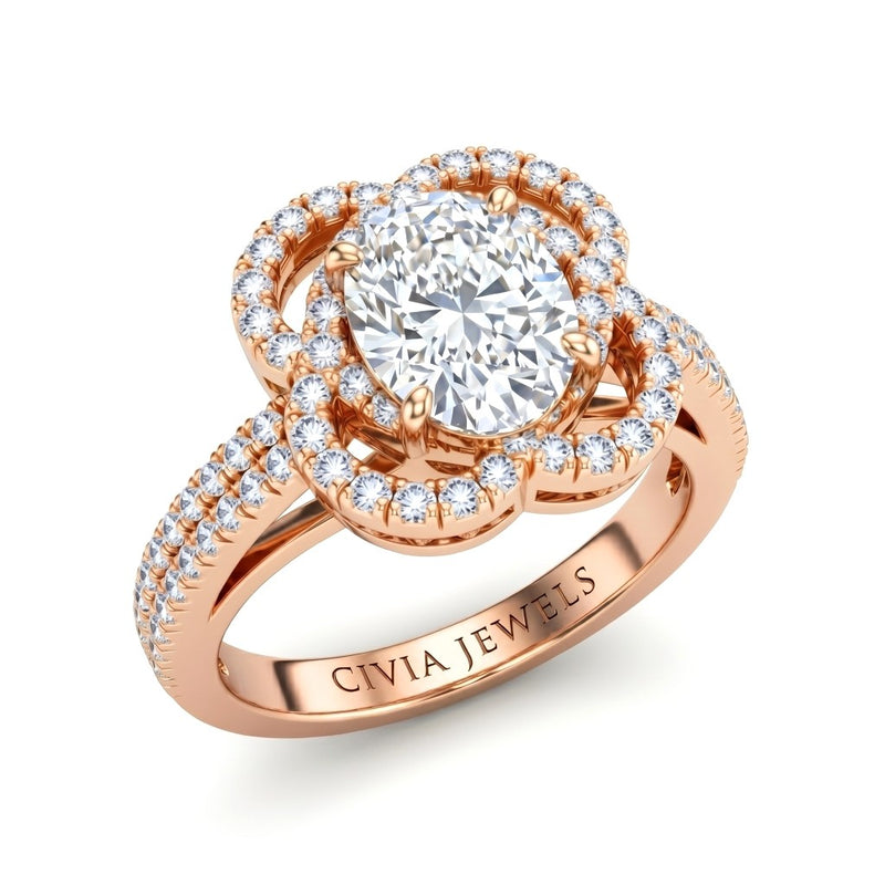 Rose Gold Oval Diamond Halo Engagement Ring With Pavé Band
