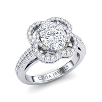 Silver Oval Diamond Halo Engagement Ring With Pavé Band