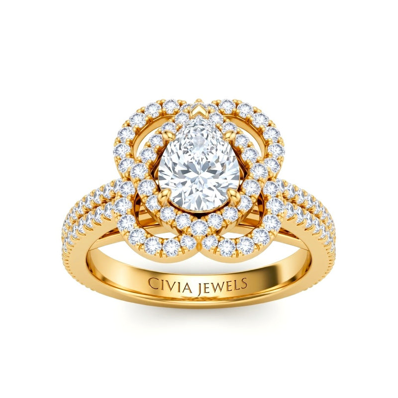 Yellow Gold Pear Diamond Halo Engagement Ring With Pavé Band