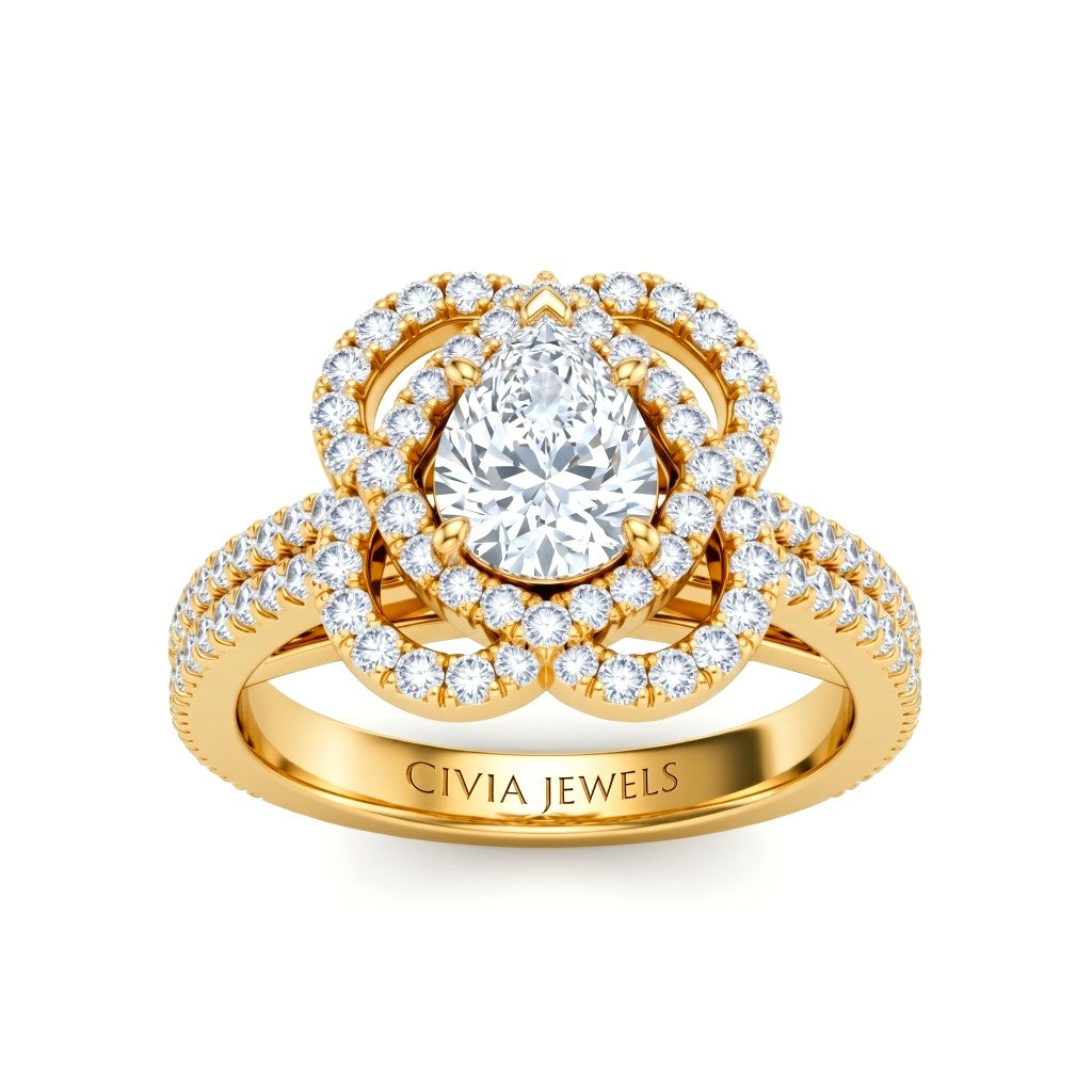 Yellow Gold Pear Diamond Halo Engagement Ring With Pavé Band