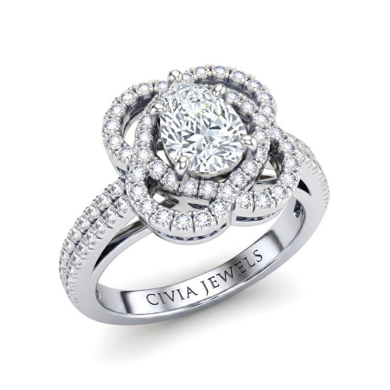 White Gold Pear Diamond Halo Engagement Ring With Pavé Band