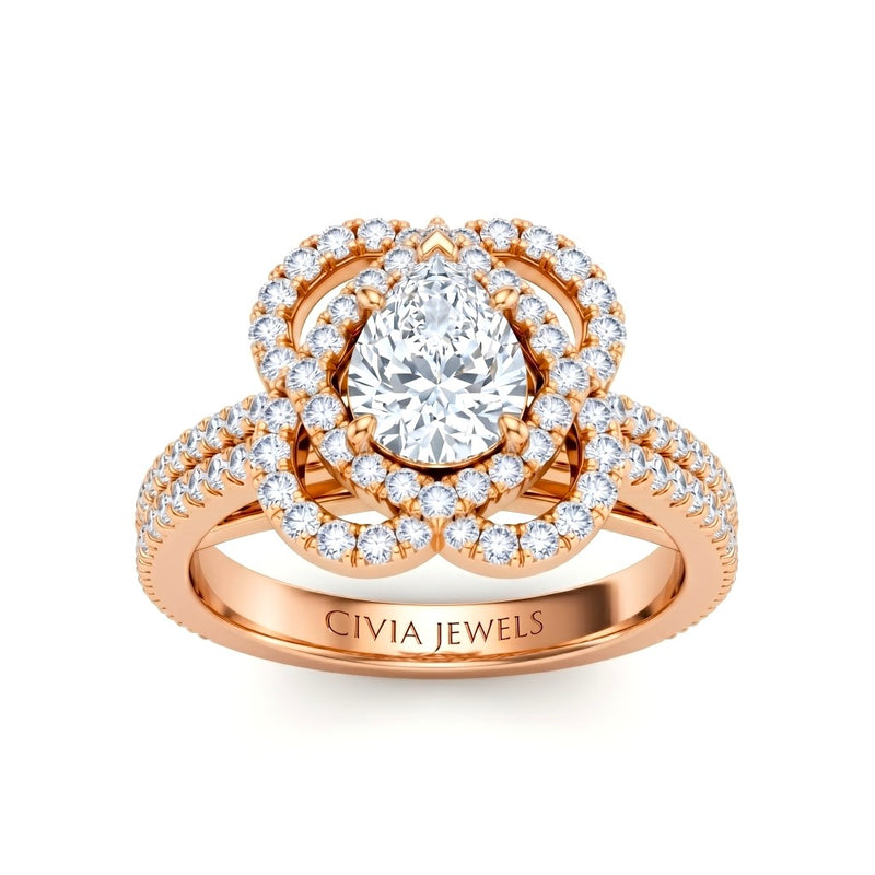 Rose Gold Pear Diamond Halo Engagement Ring With Pavé Band