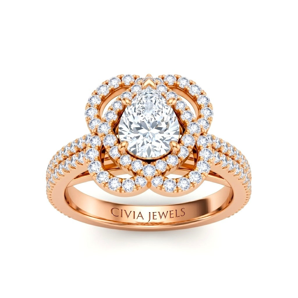 Rose Gold Pear Diamond Halo Engagement Ring With Pavé Band