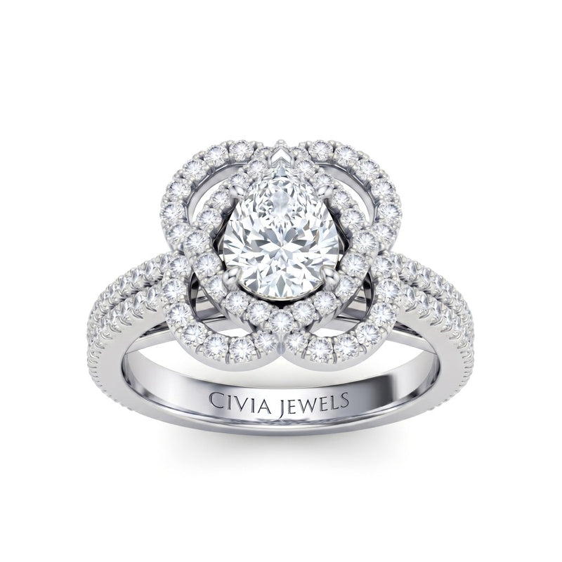 White Gold Pear Diamond Halo Engagement Ring With Pavé Band